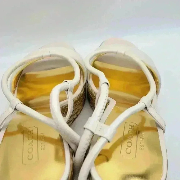 Beautiful! COACH A3259 Blanch Soft Napa White Ankle Strap Gold Wedge Shoes - Picture 12 of 14